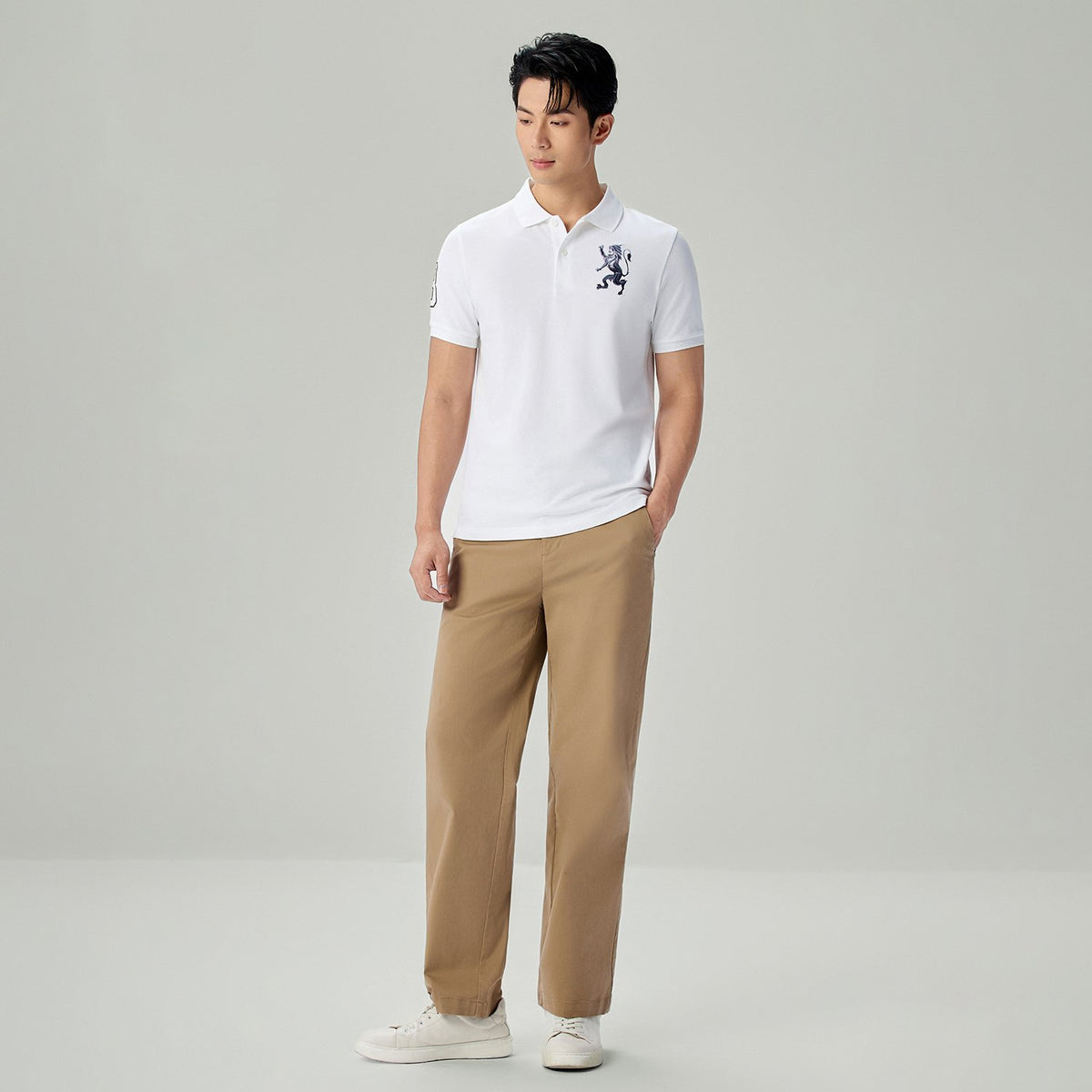 Men's Slim Fit 3D Lion Embroidery Lycra Pique Polo - Image 1