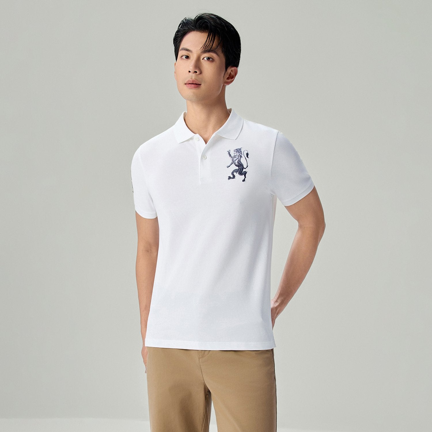 Men's Slim Fit 3D Lion Embroidery Lycra Pique Polo - Image 2