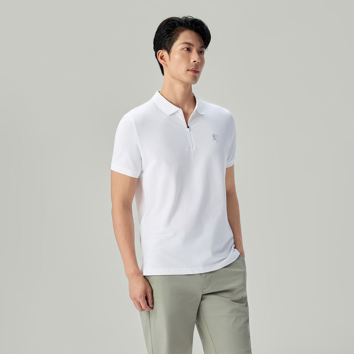 Men's Knit Collar Short Sleeve Slim Fit Zipper Polo - Image 1