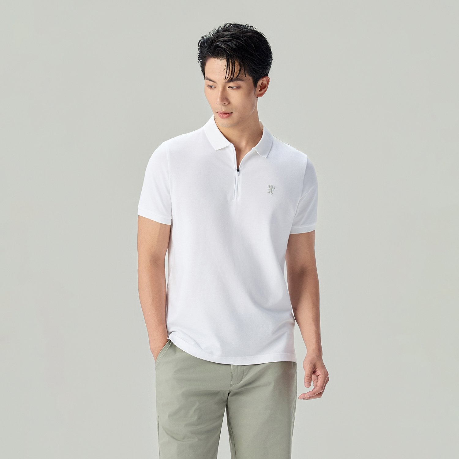 Men's Knit Collar Short Sleeve Slim Fit Zipper Polo - Image 2
