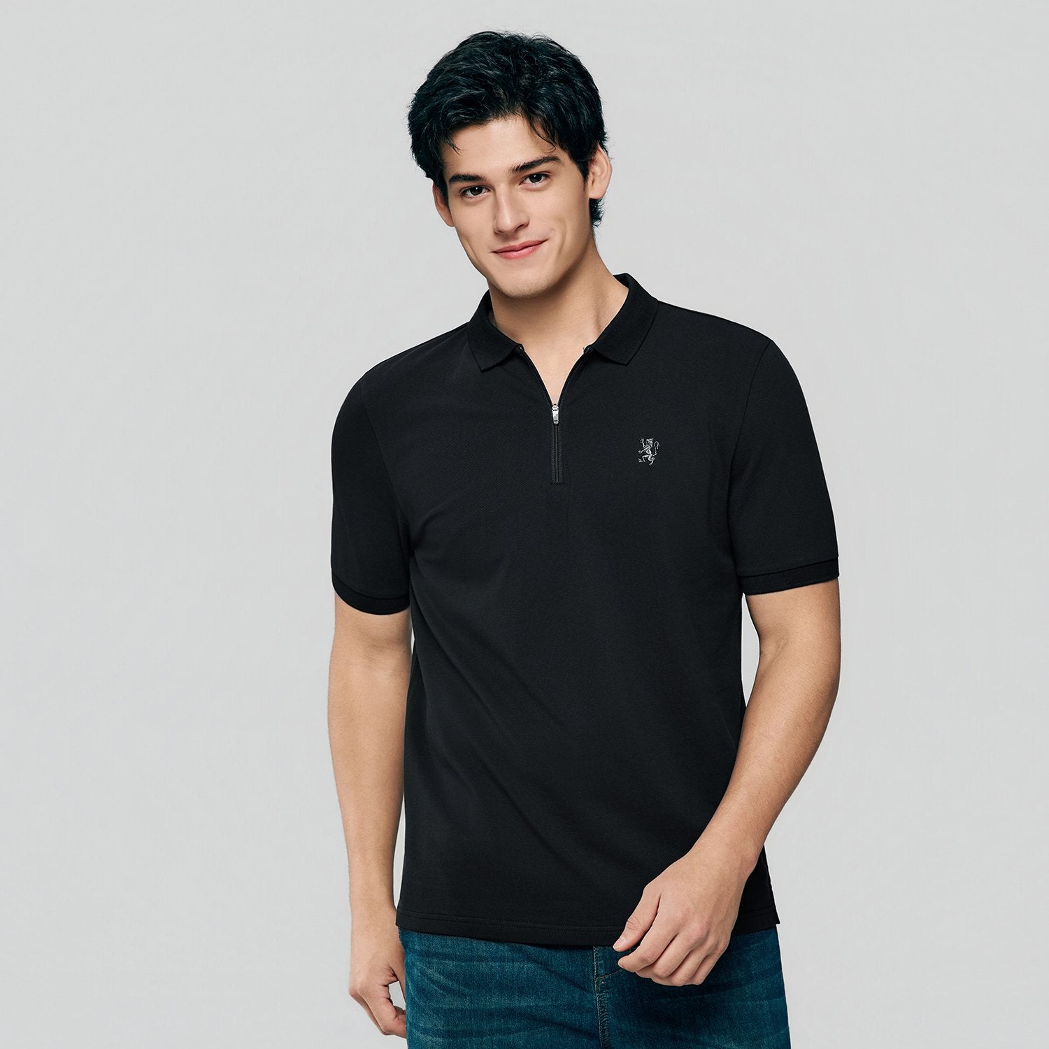 Men's Knit Collar Short Sleeve Slim Fit Zipper Polo - Image 1