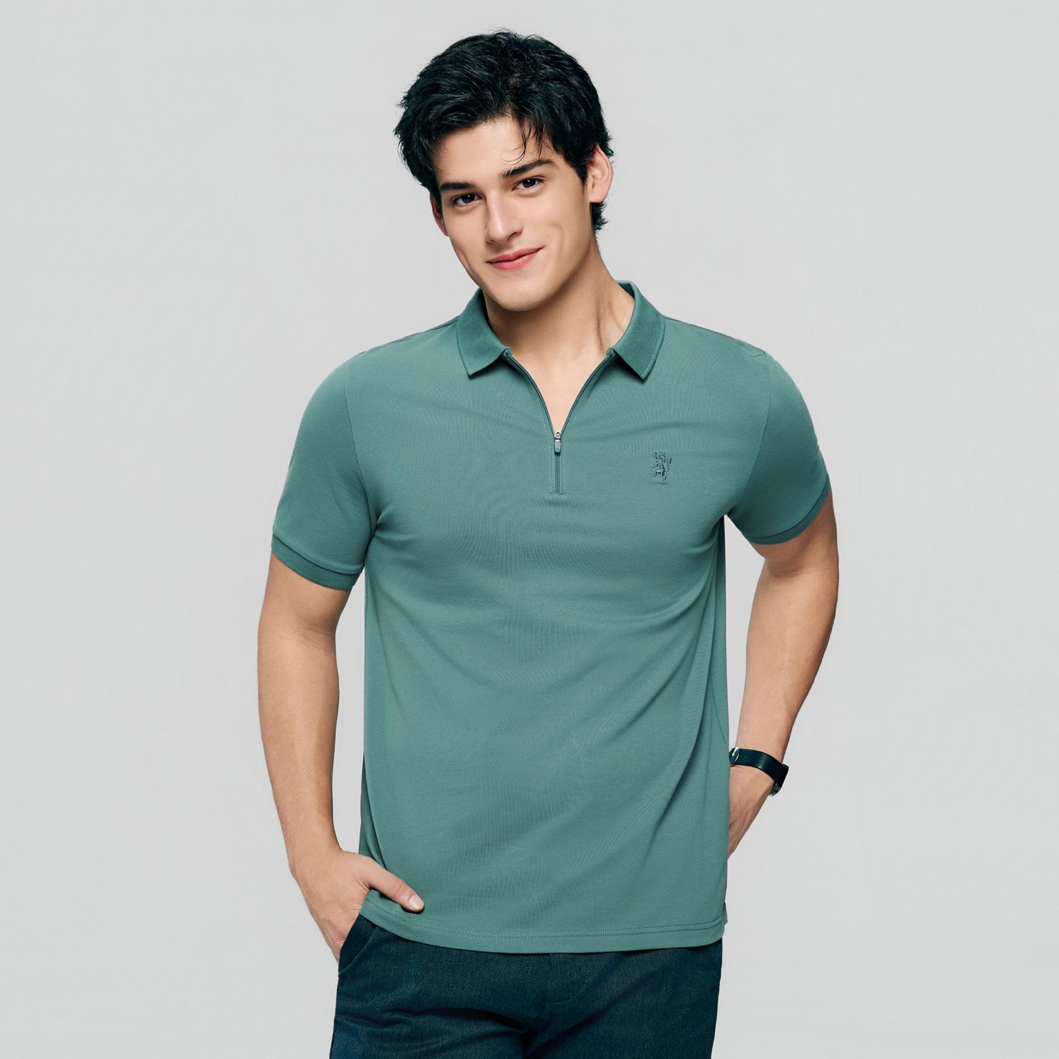 Men's Knit Collar Short Sleeve Slim Fit Zipper Polo - Image 1