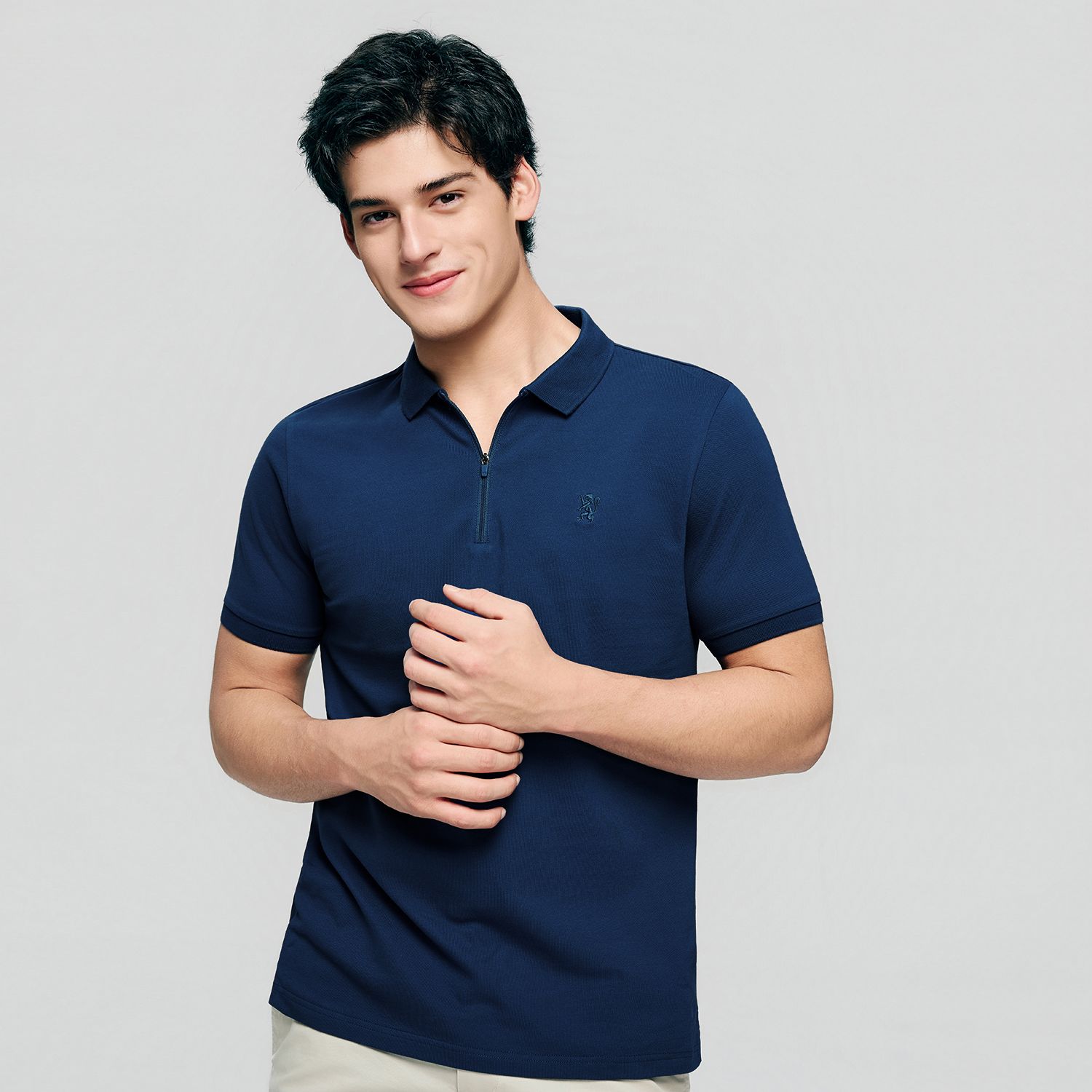Men's Knit Collar Short Sleeve Slim Fit Zipper Polo - Image 3