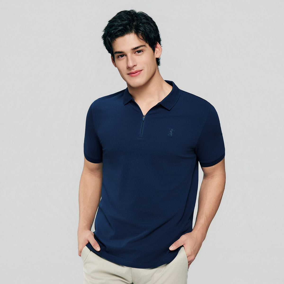 Men's Knit Collar Short Sleeve Slim Fit Zipper Polo - Image 4