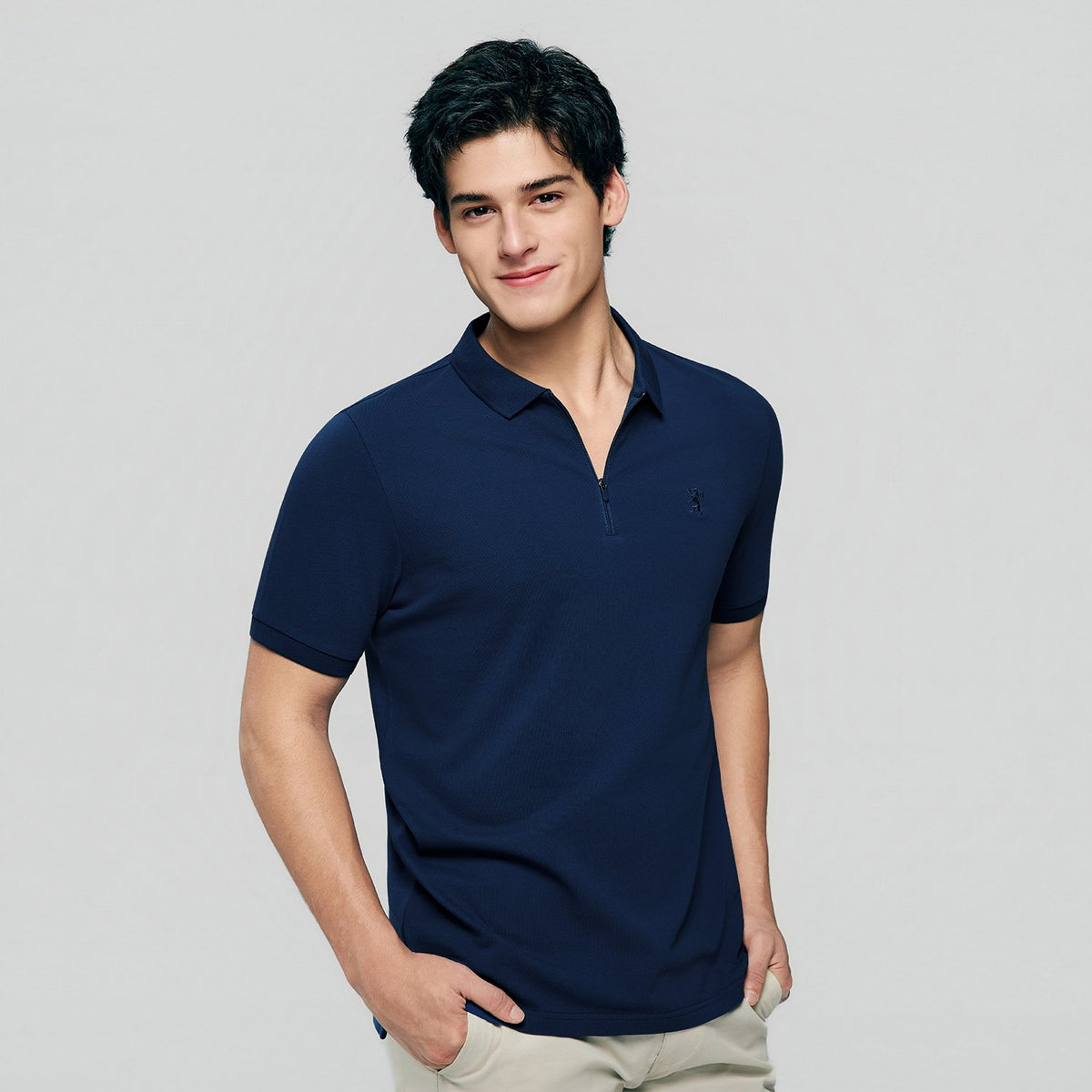 Men's Knit Collar Short Sleeve Slim Fit Zipper Polo - Image 5