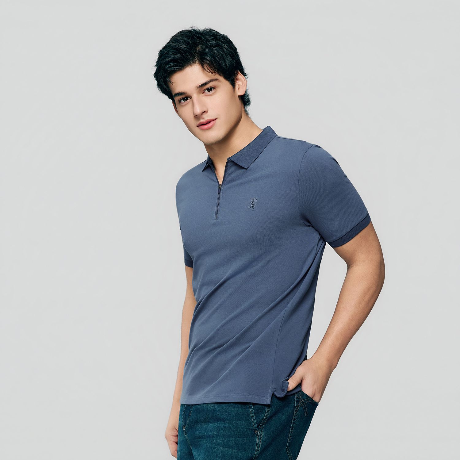 Men's Knit Collar Short Sleeve Slim Fit Zipper Polo - Image 3