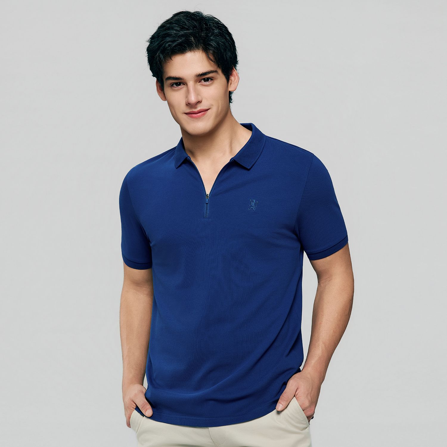 Men's Knit Collar Short Sleeve Slim Fit Zipper Polo - Image 1