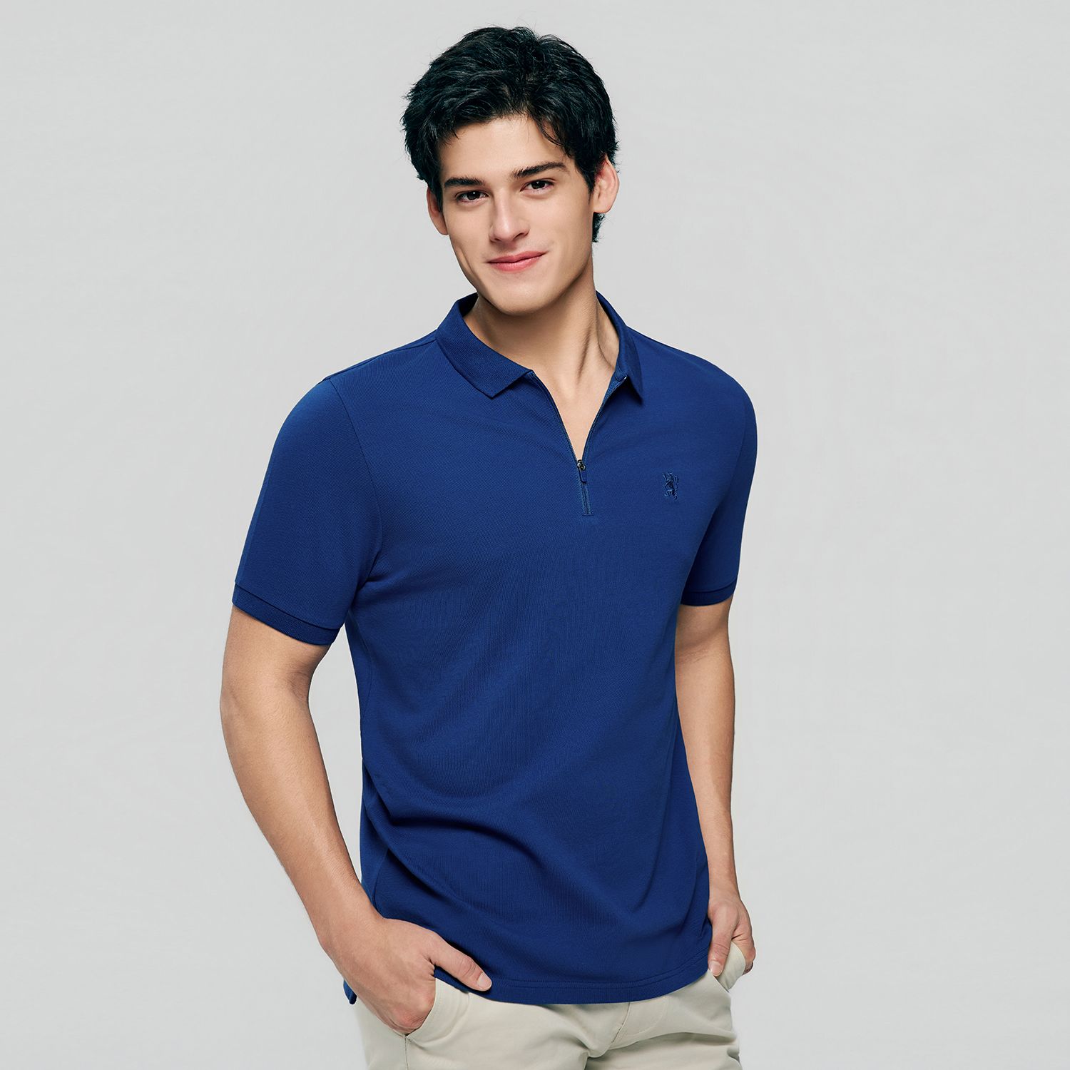 Men's Knit Collar Short Sleeve Slim Fit Zipper Polo - Image 3