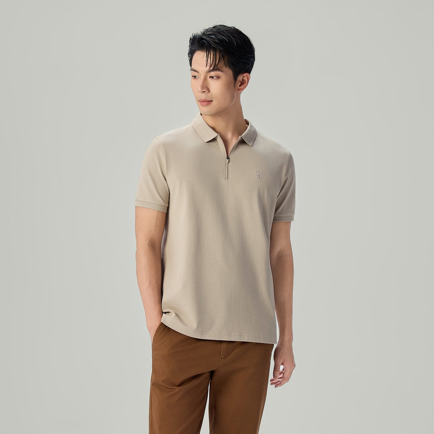 Men's Knit Collar Short Sleeve Slim Fit Zipper Polo - Image 2