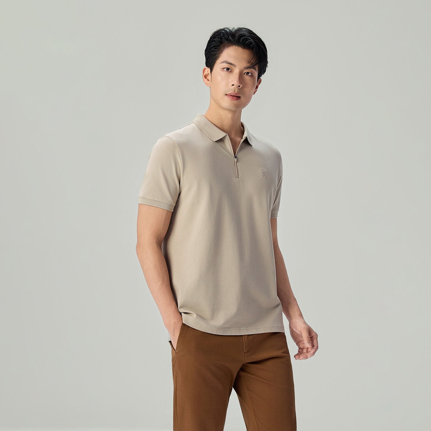 Men's Knit Collar Short Sleeve Slim Fit Zipper Polo - Image 3