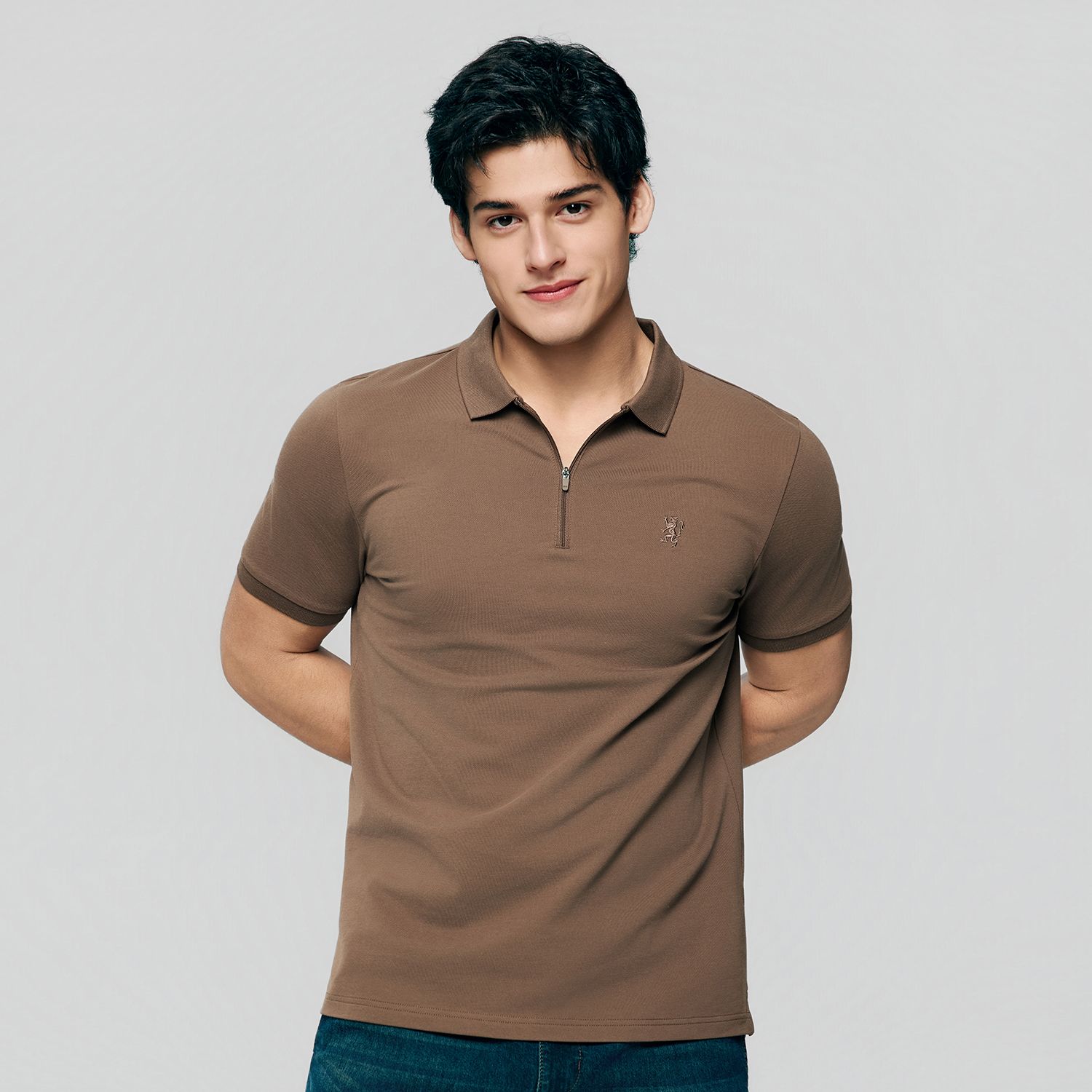 Men's Knit Collar Short Sleeve Slim Fit Zipper Polo - Image 3