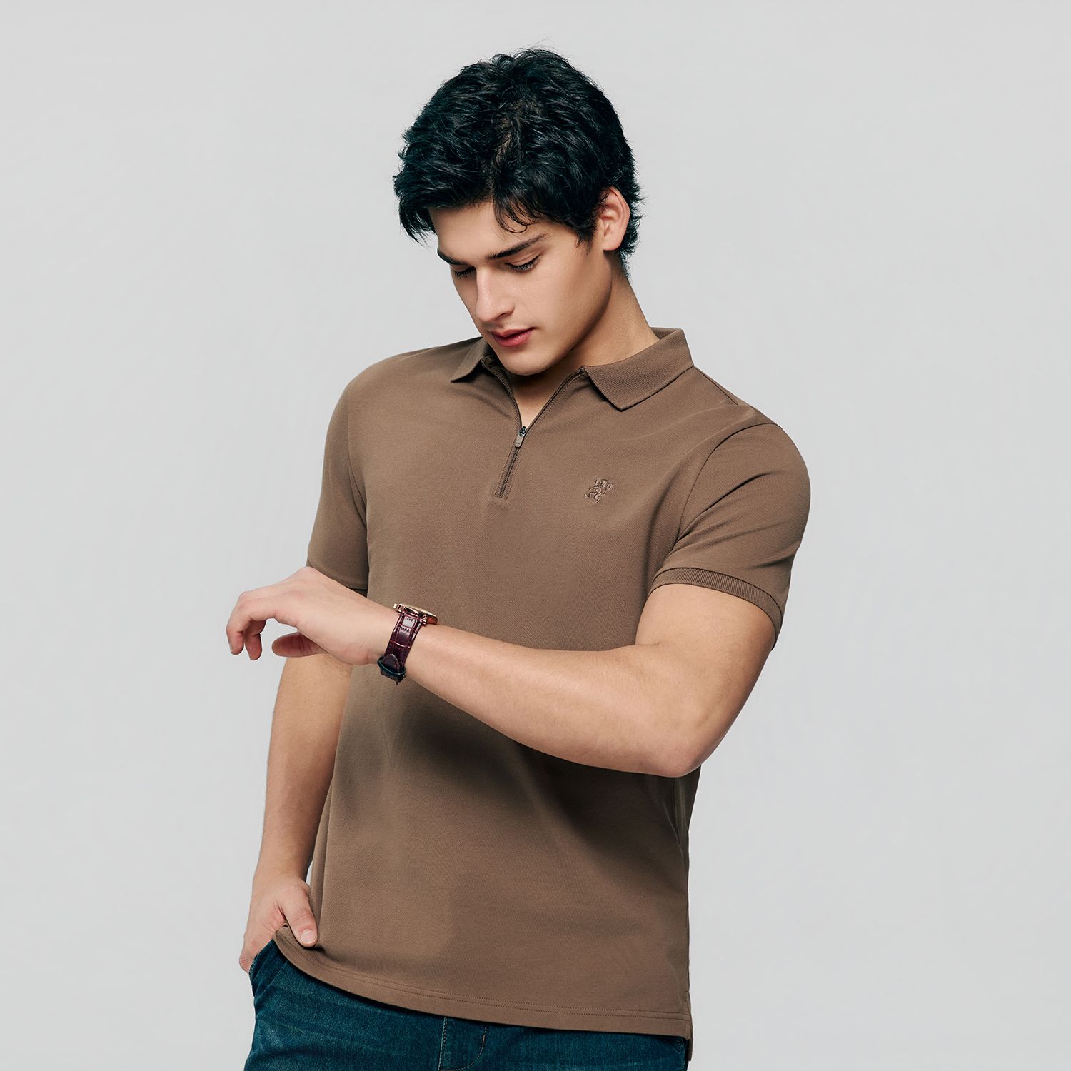 Men's Knit Collar Short Sleeve Slim Fit Zipper Polo - Image 5