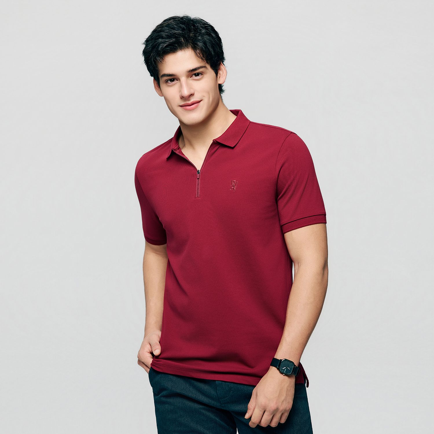 Men's Knit Collar Short Sleeve Slim Fit Zipper Polo - Image 1