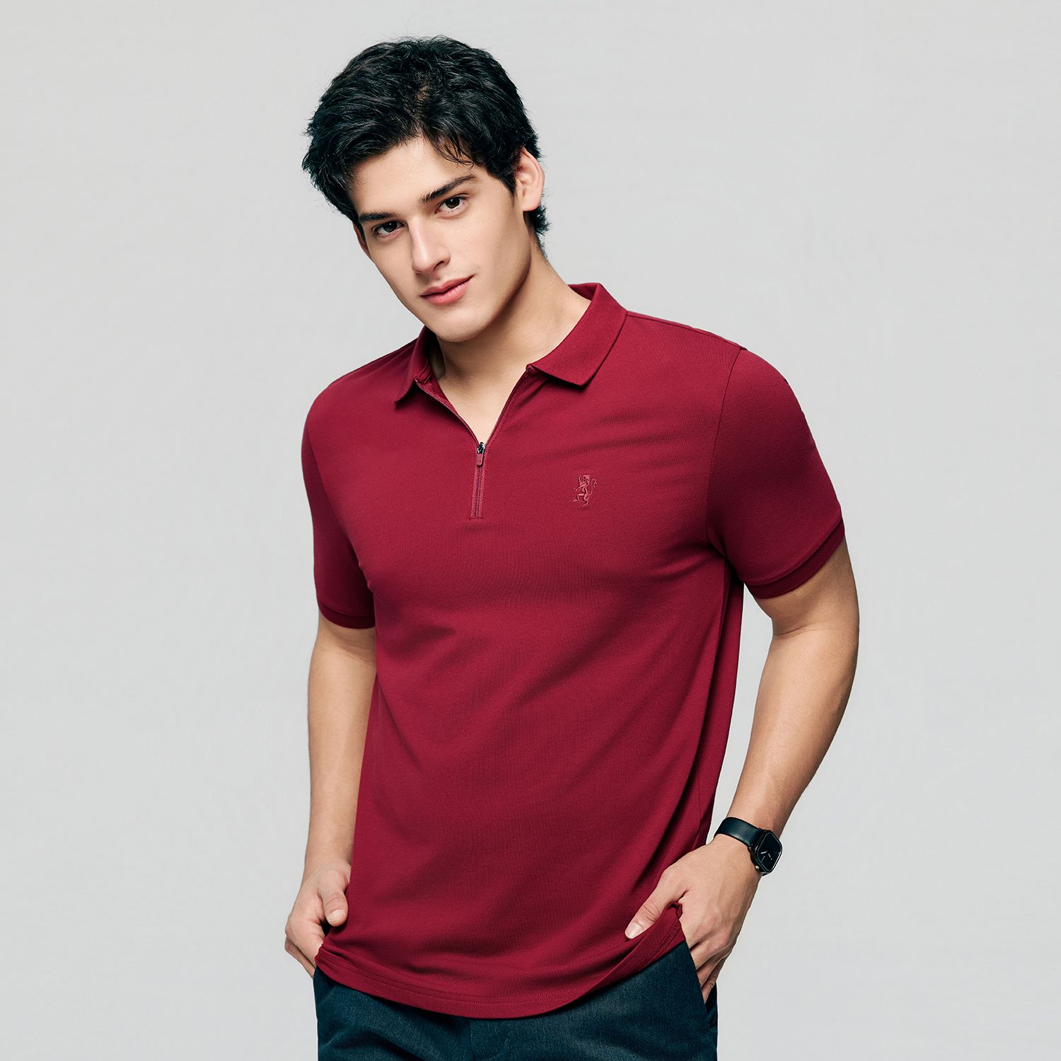 Men's Knit Collar Short Sleeve Slim Fit Zipper Polo - Image 4