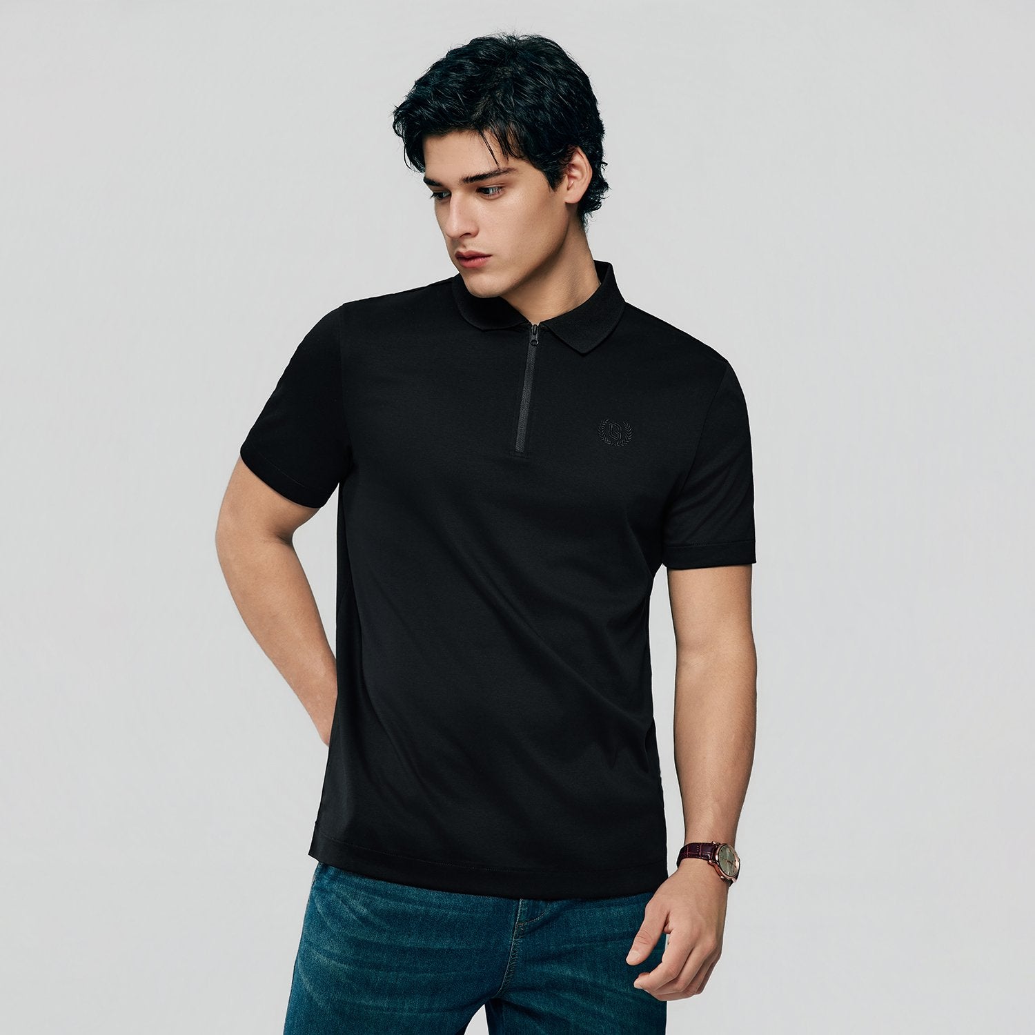 Men's Interlock Knit Collar Regular Half Zip Solid Polo - Image 1