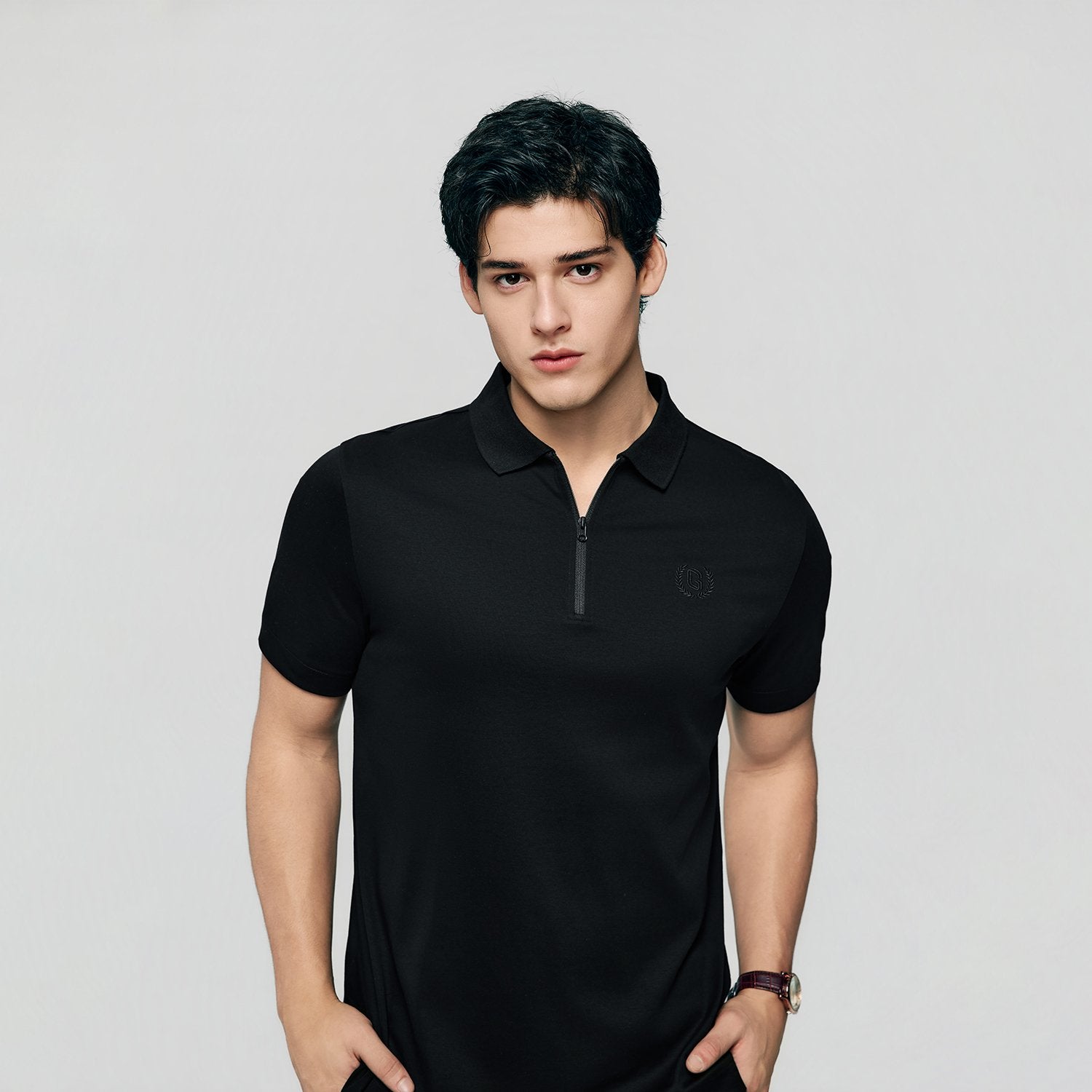 Men's Interlock Knit Collar Regular Half Zip Solid Polo - Image 6