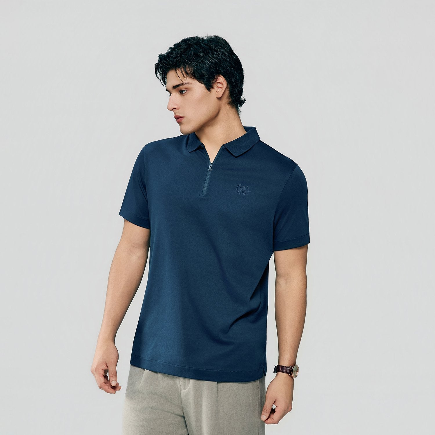 Men's Interlock Knit Collar Regular Half Zip Solid Polo - Image 1