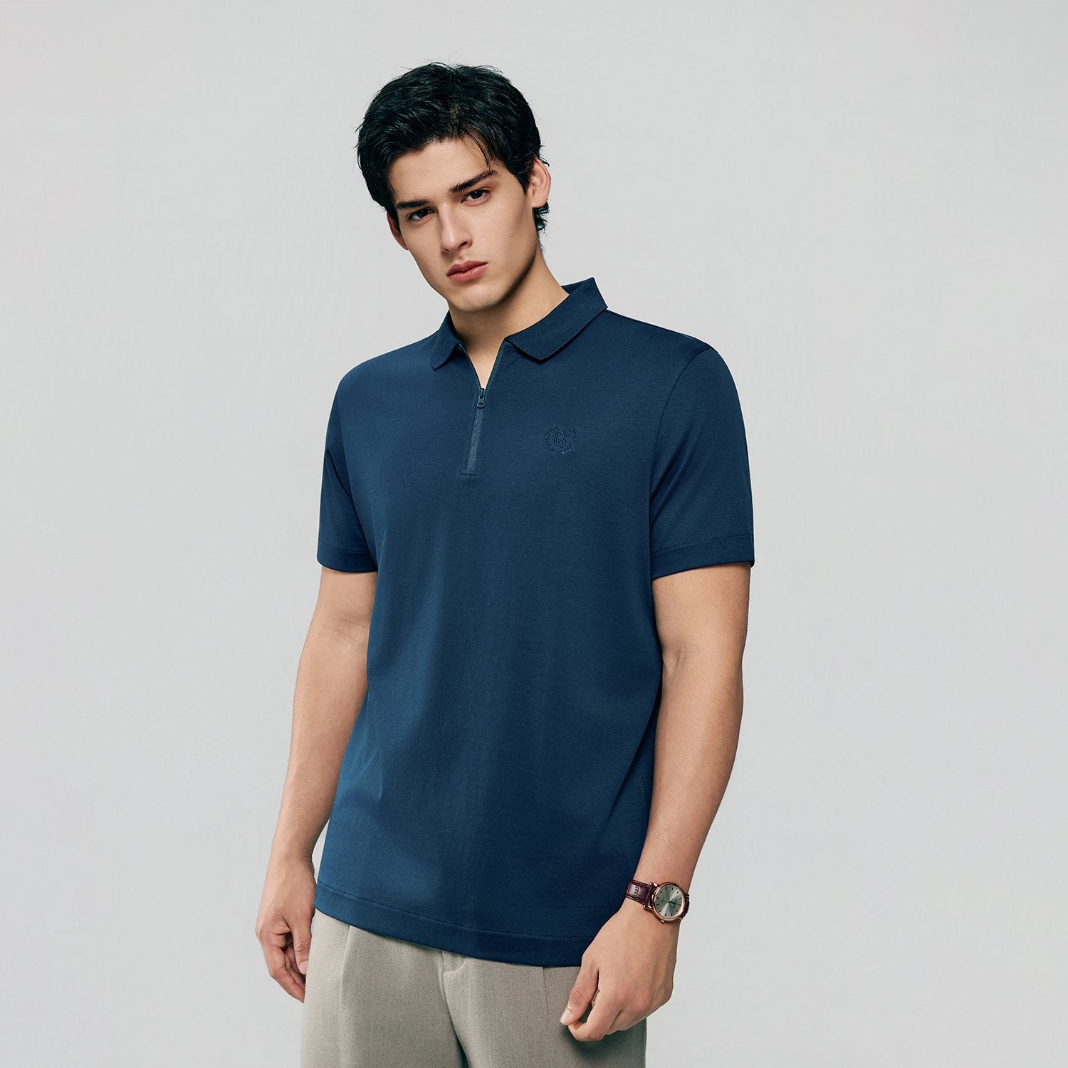 Men's Interlock Knit Collar Regular Half Zip Solid Polo - Image 4