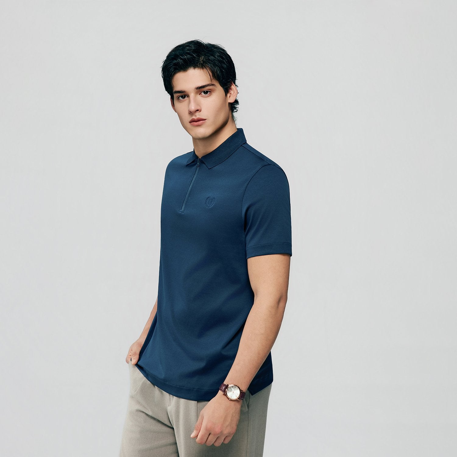 Men's Interlock Knit Collar Regular Half Zip Solid Polo - Image 5