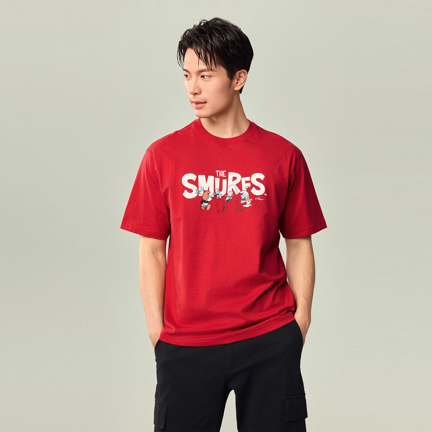 Men's Relaxed Fit Long Sleeve Smurfs Print Crew Neck Tee - Image 3