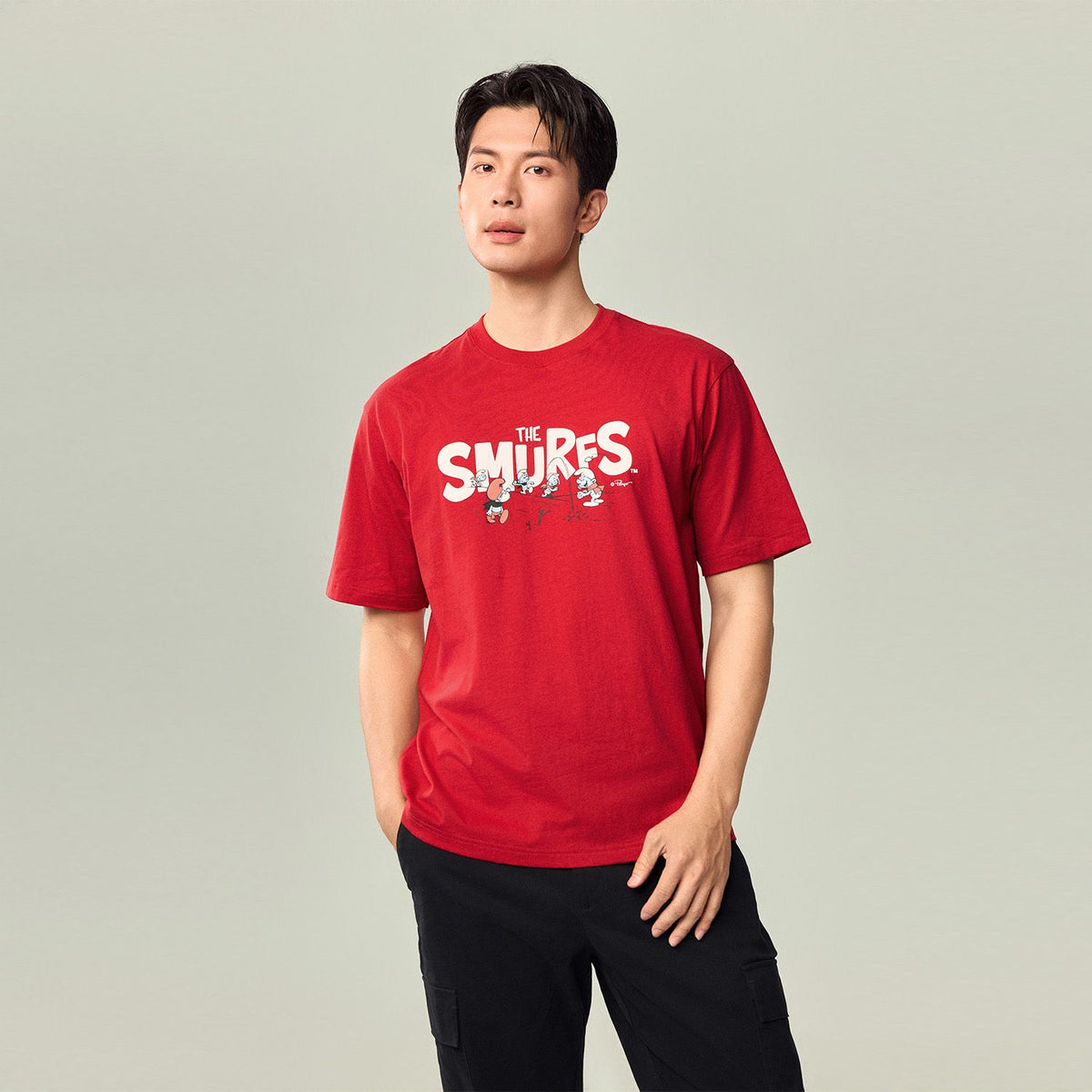 Men's Relaxed Fit Long Sleeve Smurfs Print Crew Neck Tee - Image 5