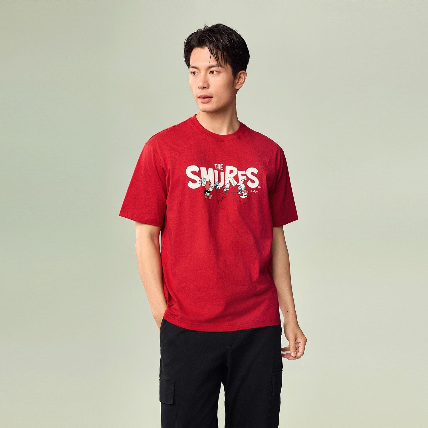 Men's Relaxed Fit Long Sleeve Smurfs Print Crew Neck Tee - Image 6