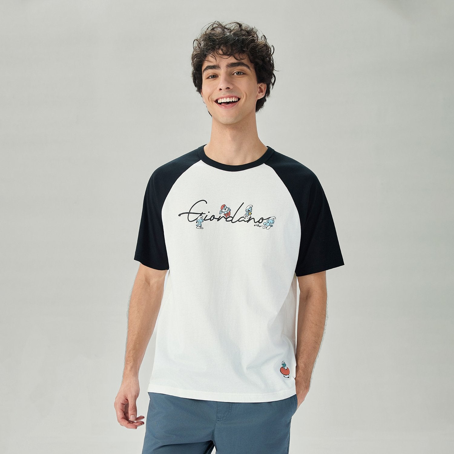 Men's Relaxed Fit Raglan Sleeve Smurfs Print Crew Neck Tee - Image 2
