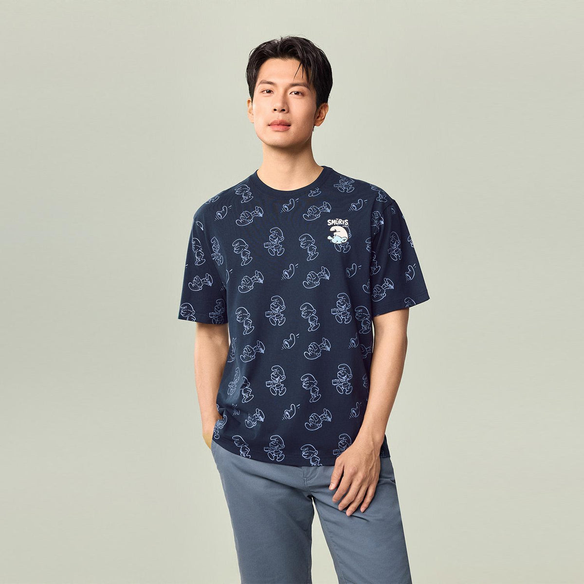 Men's  Relaxed Fit  Smurfs Print Crew Neck Tee - Image 5