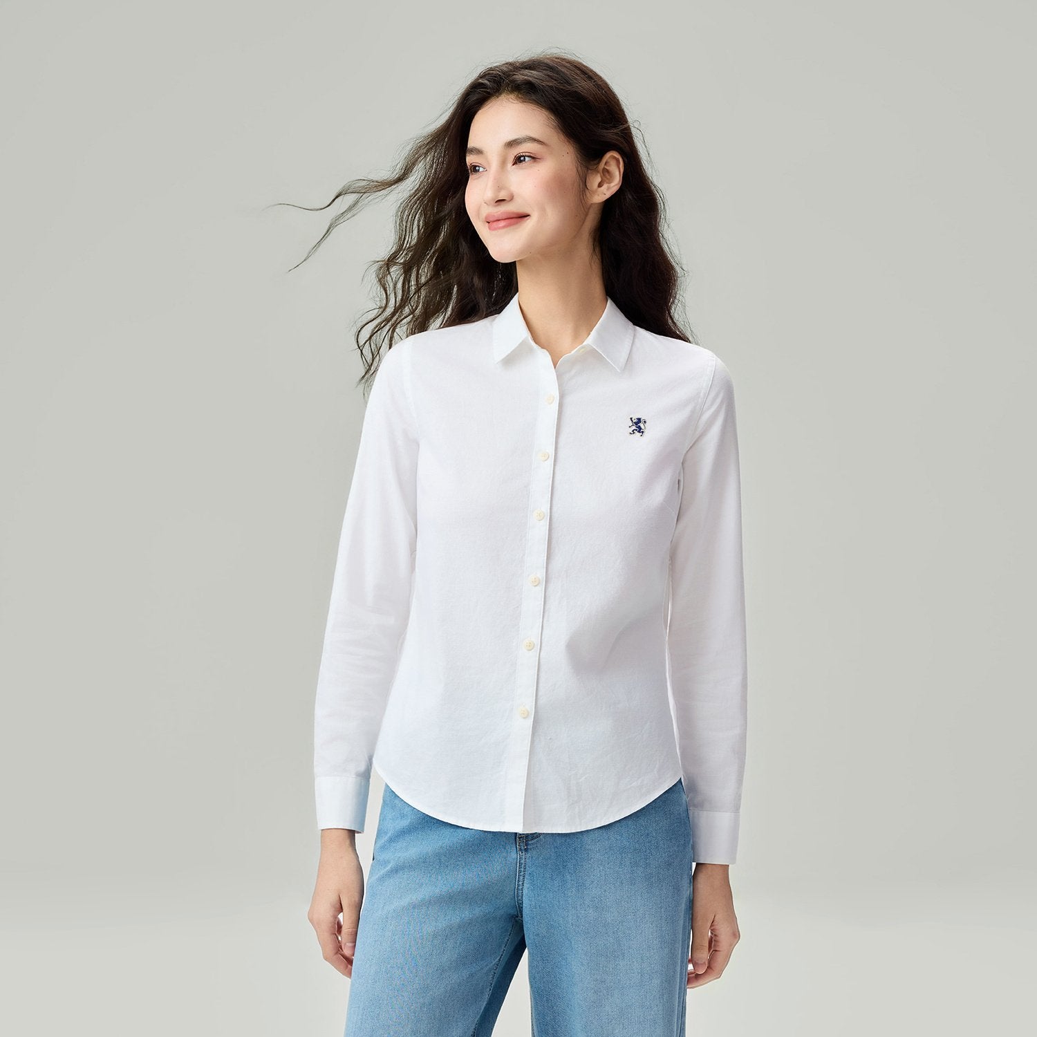 Women's Cotton Oxford Acute Collar Long Sleeve Shirt - Image 1