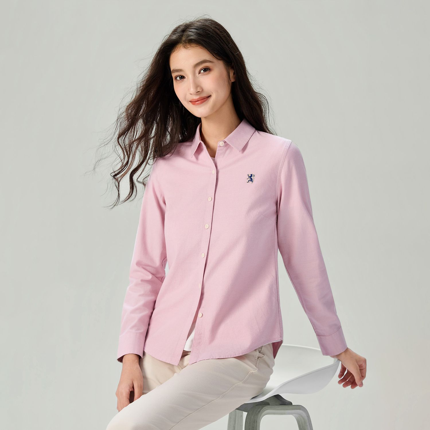 Women's Cotton Oxford Acute Collar Long Sleeve Shirt - Image 7