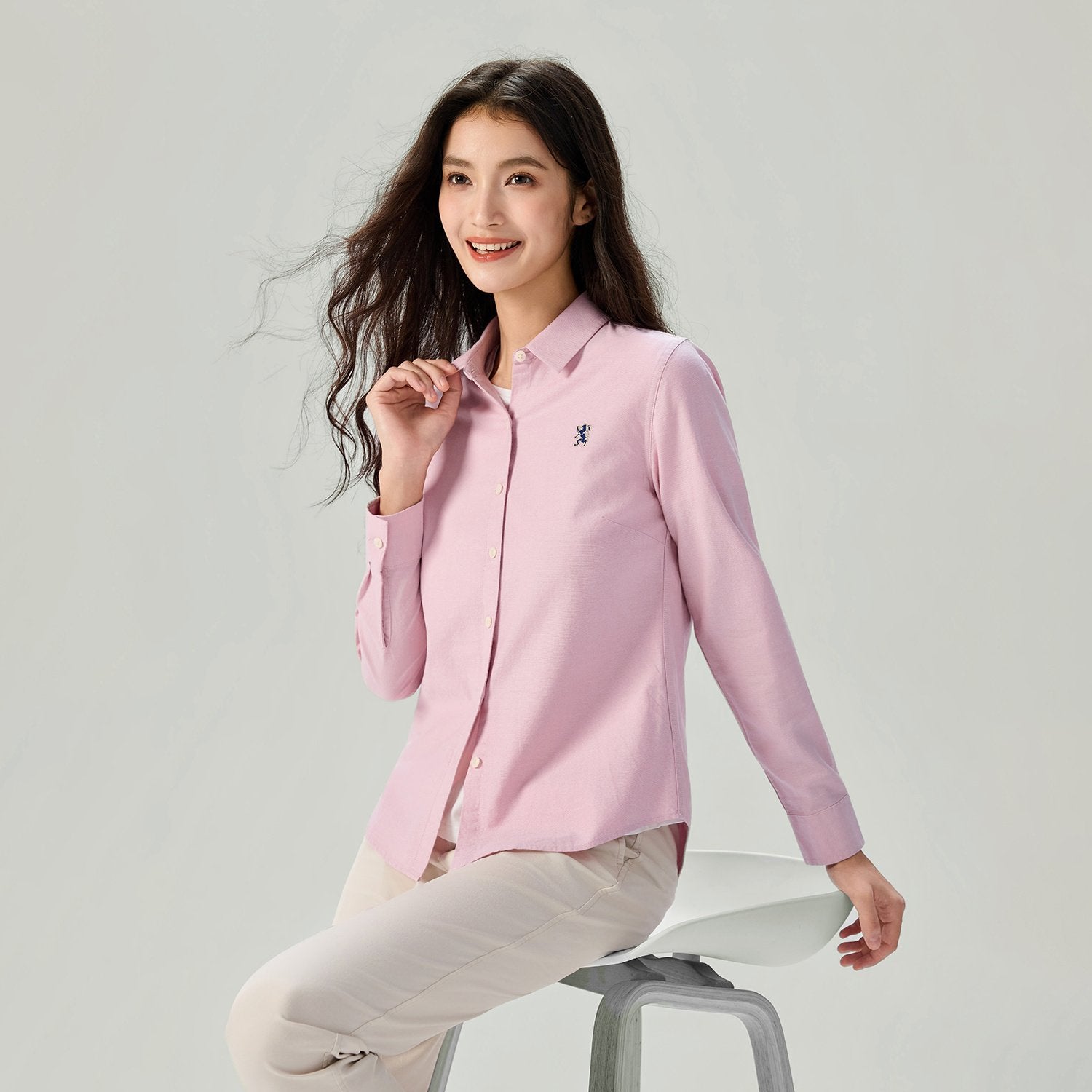 Women's Cotton Oxford Acute Collar Long Sleeve Shirt - Image 8