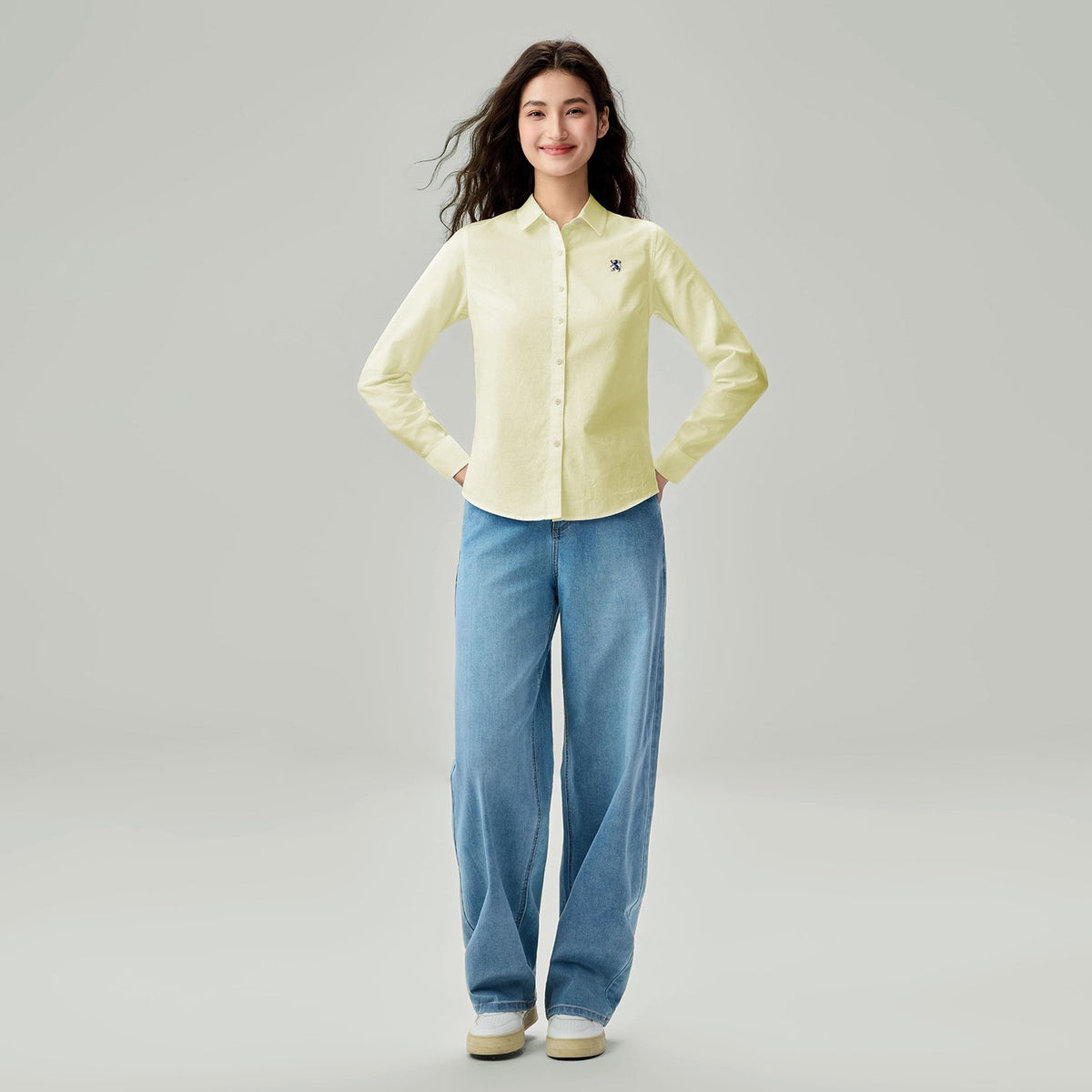 Women's Cotton Oxford Acute Collar Long Sleeve Shirt - Image 1
