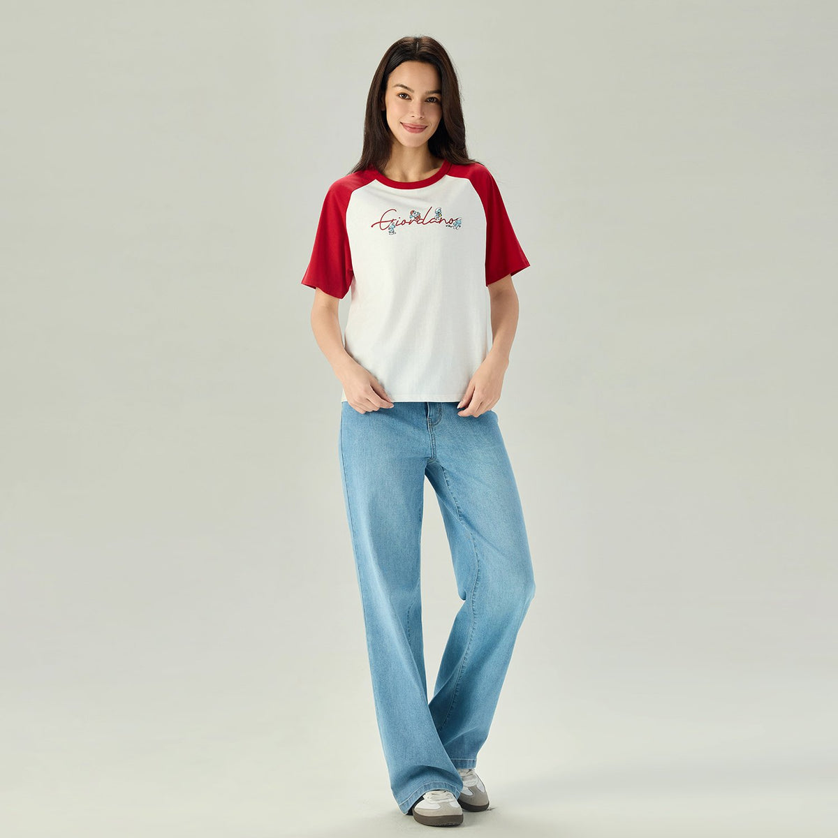 Women's Comfort Fit Raglan Sleeve Smurfs Print Crew Neck Tee - Image 1