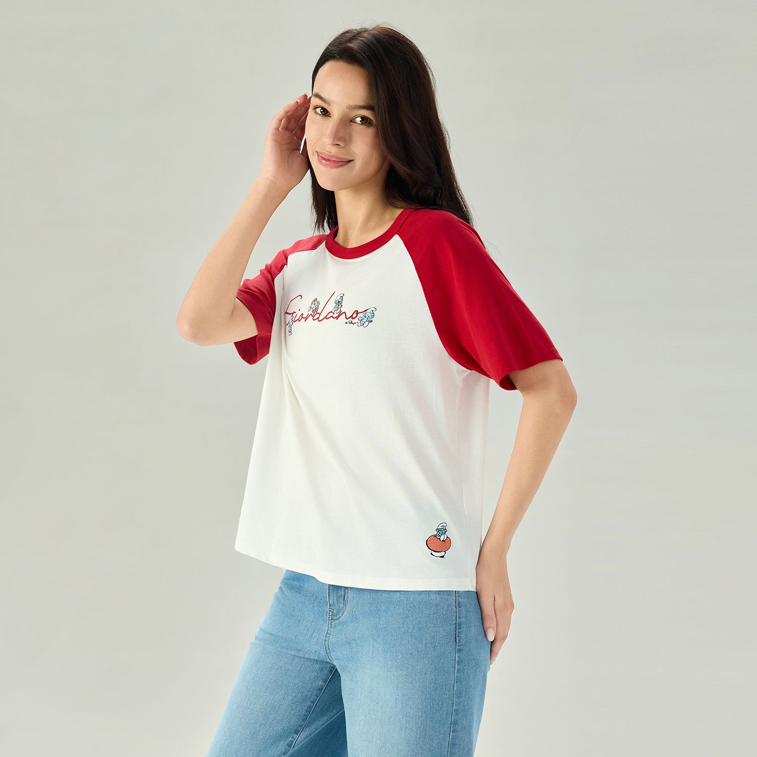 Women's Comfort Fit Raglan Sleeve Smurfs Print Crew Neck Tee - Image 4