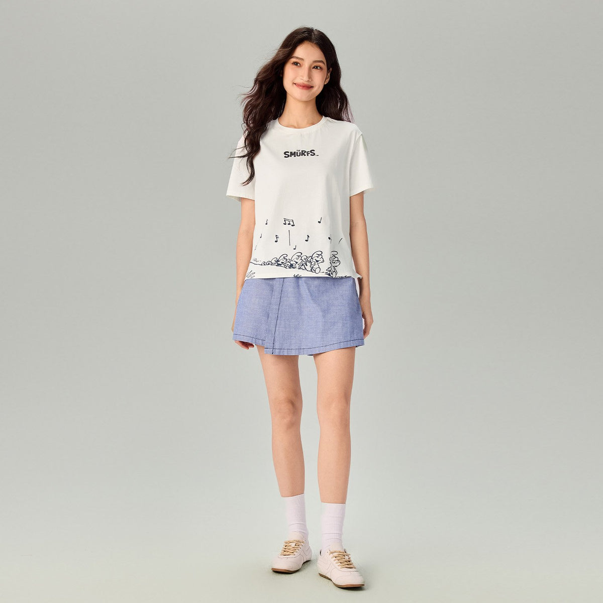 Women's Comfort Fit Raglan Sleeve Smurfs Print Crew Neck Tee - Image 1