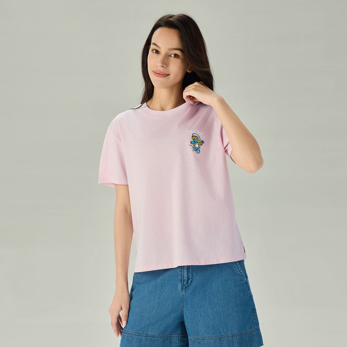 Women's Comfort Fit Raglan Sleeve Smurfs Print Crew Neck Tee - Image 2