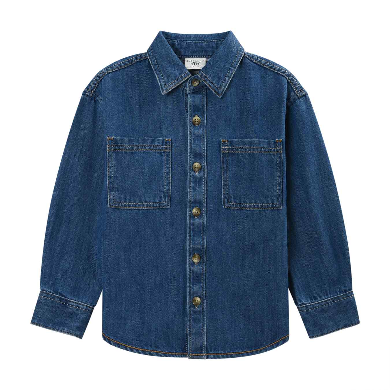 Kids Cotton Denim Woven Collar Long Sleeve Soft Touch Comfort Fit Garment Wash Shirt - Giordano