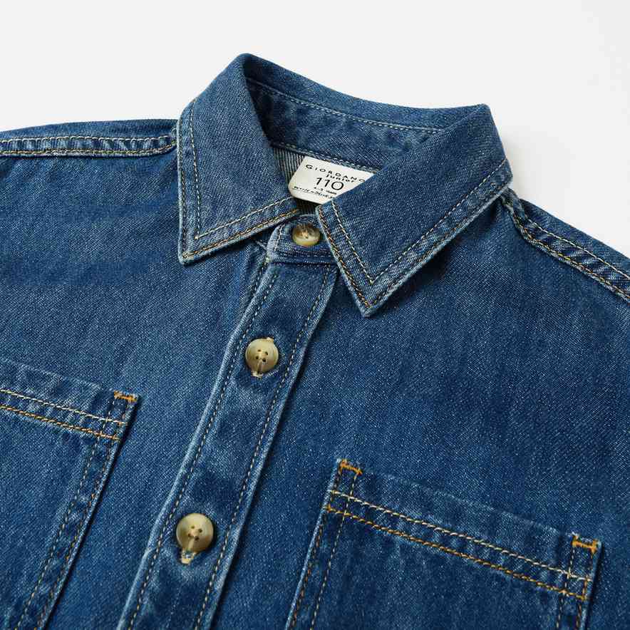 Kids Cotton Denim Woven Collar Long Sleeve Soft Touch Comfort Fit Garment Wash Shirt - Giordano