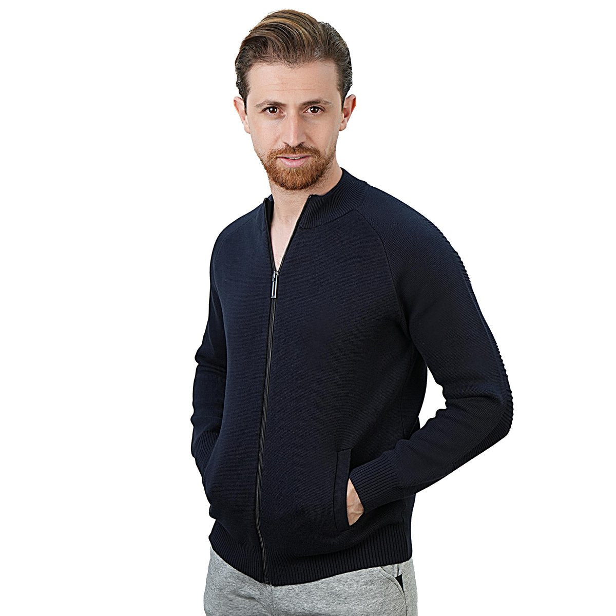 Men's Cotton - Acrylic Texture Stitch Mock Neck Raglan Cardigan - Giordano Online