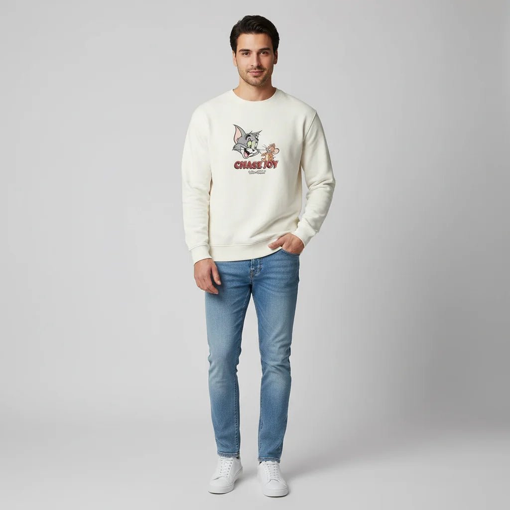 Men’s French Terry Relaxed Fit Pullover - Tom & Jerry - White - Giordano Online