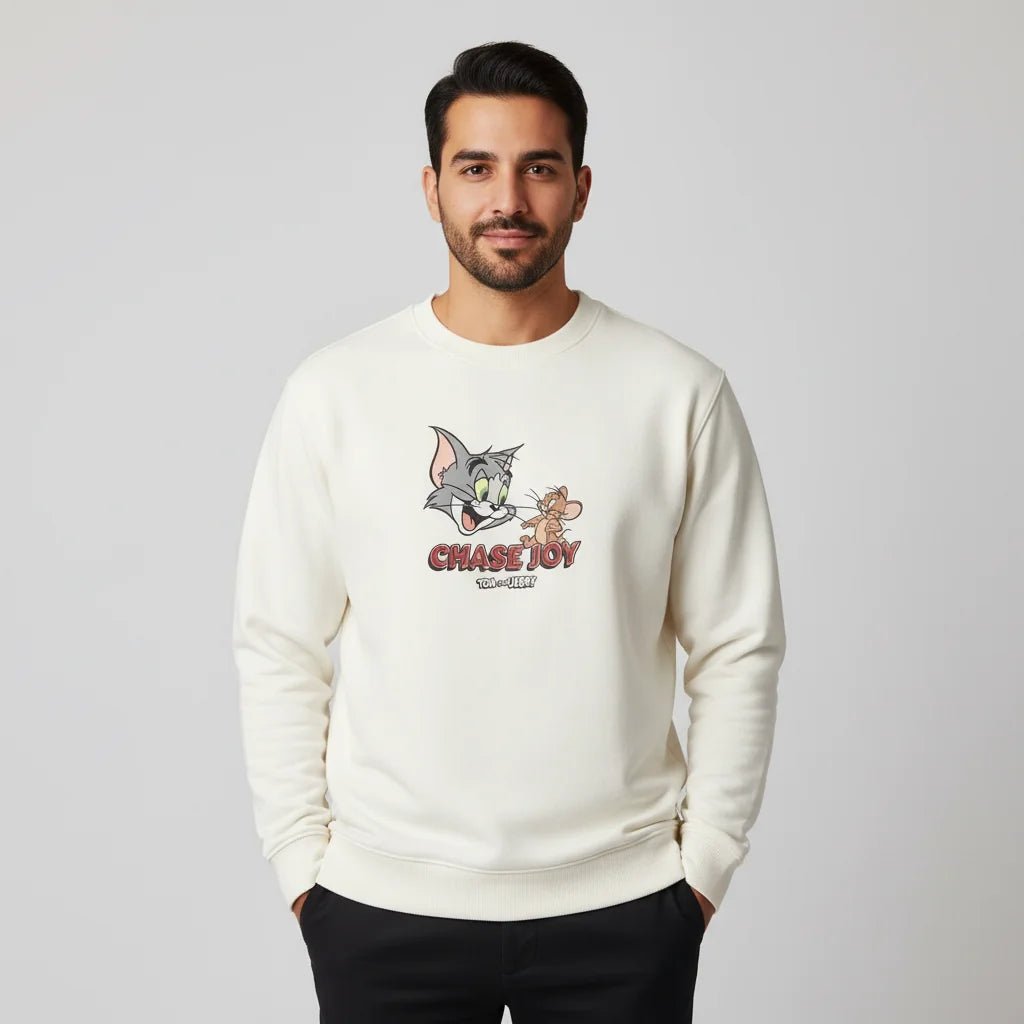 Men’s French Terry Relaxed Fit Pullover - Tom & Jerry - White - Giordano Online