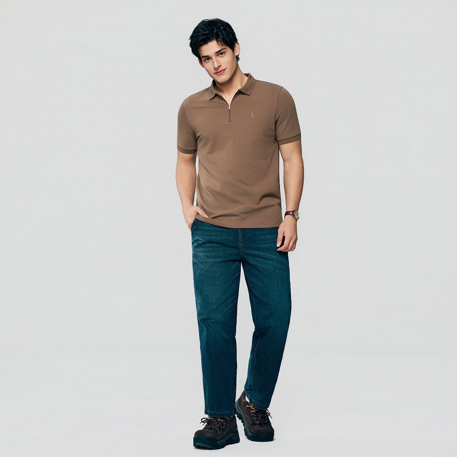 Men's Knit Collar Short Sleeve Slim Fit Zipper Polo - Giordano Online