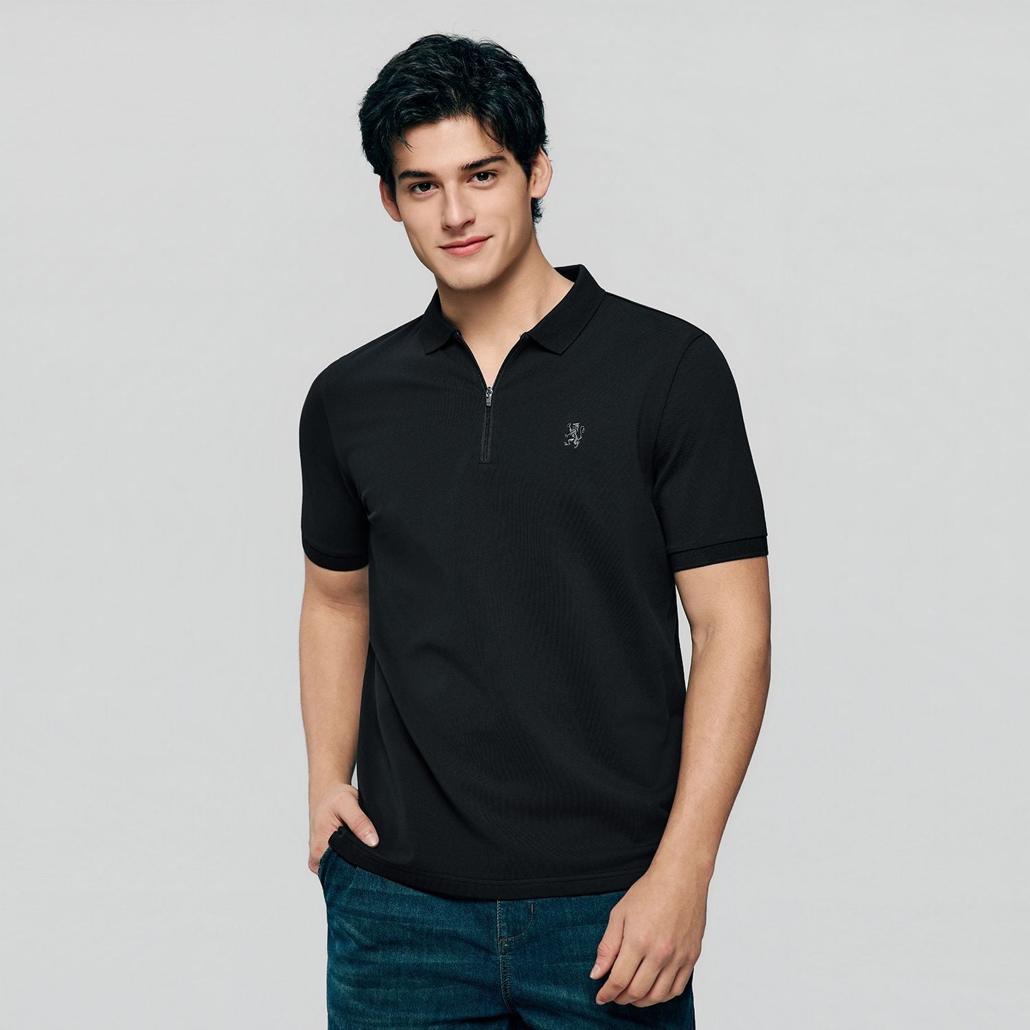 Men's Knit Collar Short Sleeve Slim Fit Zipper Polo - Giordano Online