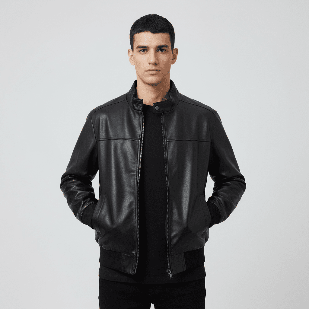 Men's Regular Fit Leather Jacket - Black - Giordano Online
