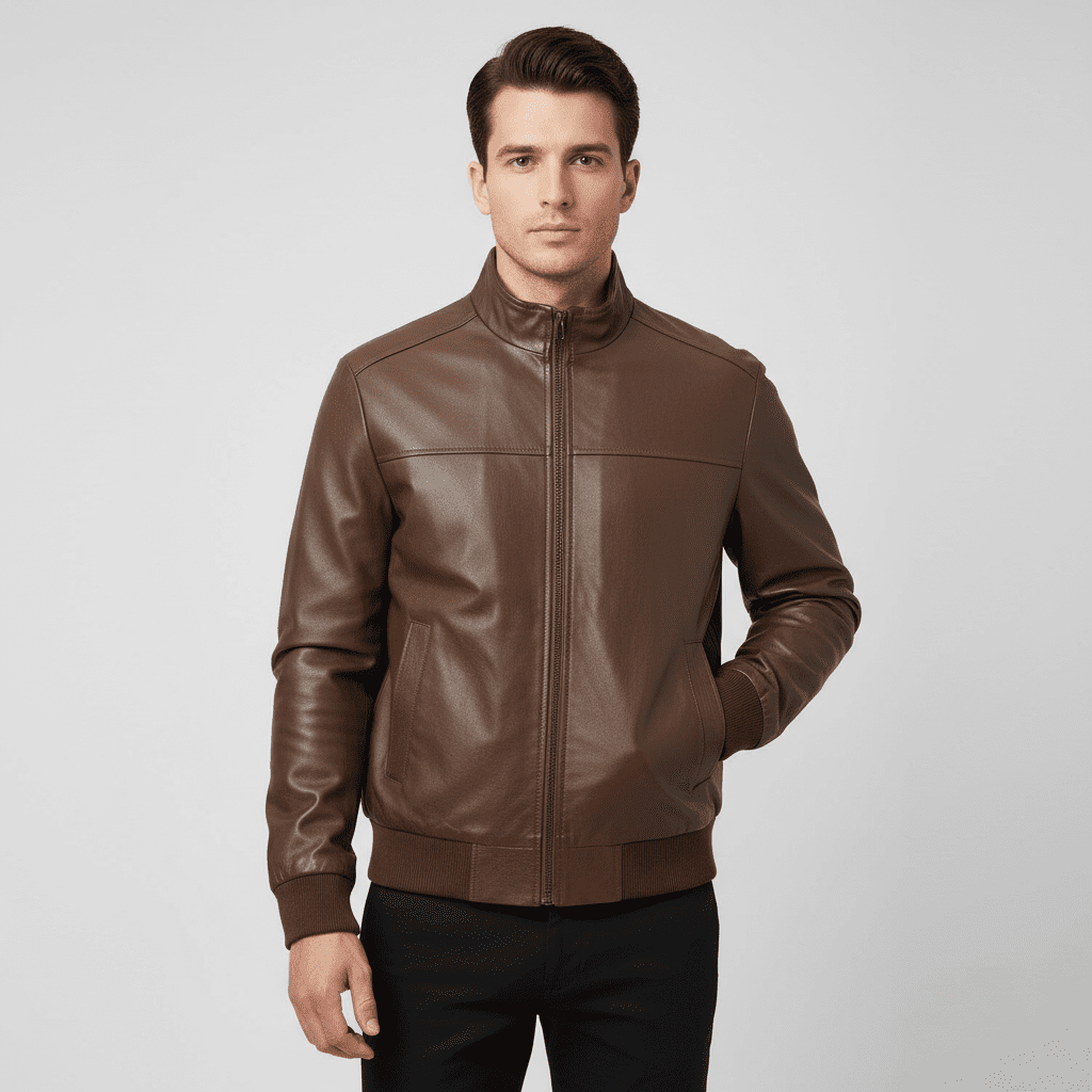 Men's Regular Fit Leather Jacket - Khaki - Giordano Online
