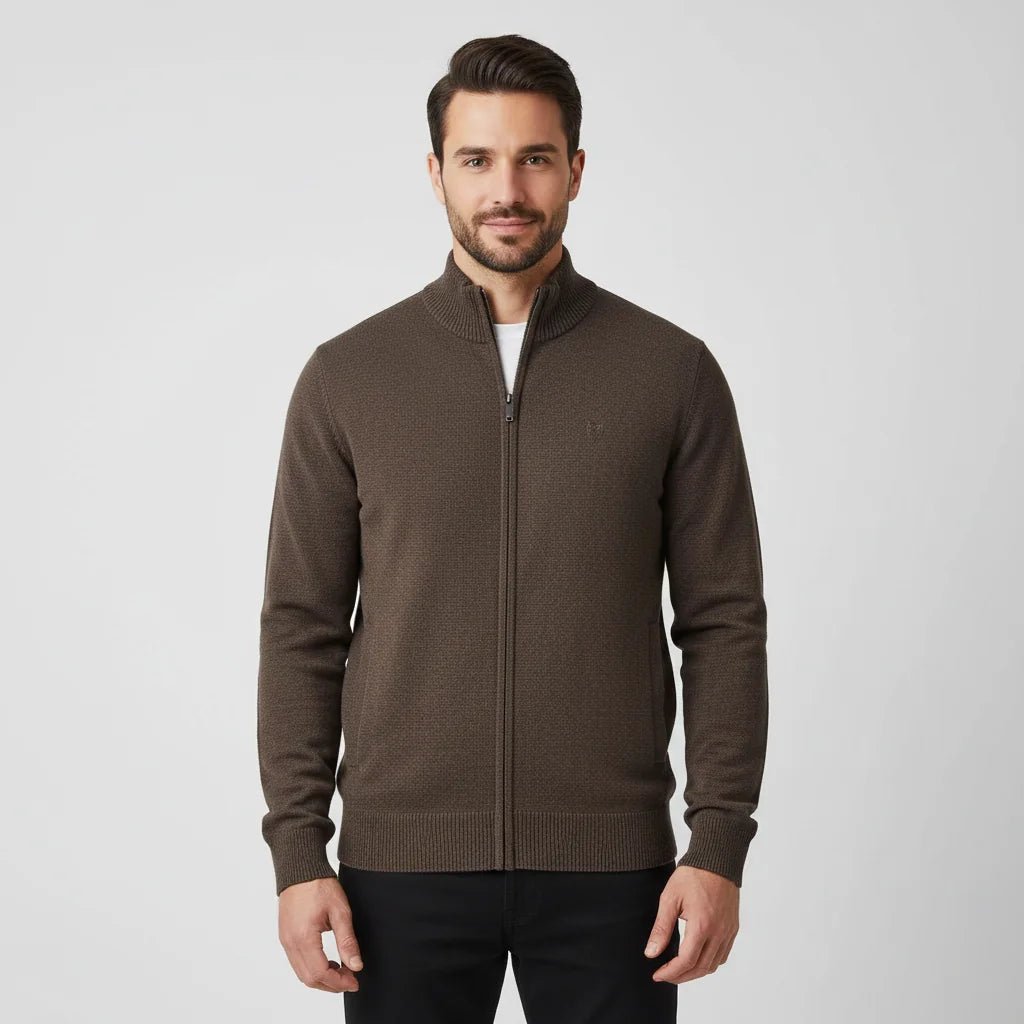 Men's Regular Fit Texture Stitch Mock Neck Full Zip Cardigan - Giordano Online