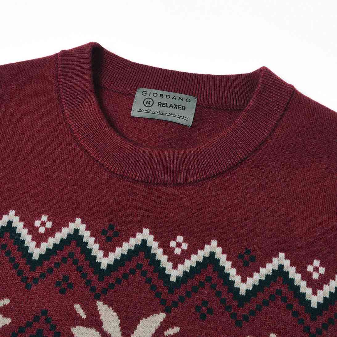 Men’s Relaxed Fit Jacquard Crew Neck Long Sleeve Sweater - Red - Giordano