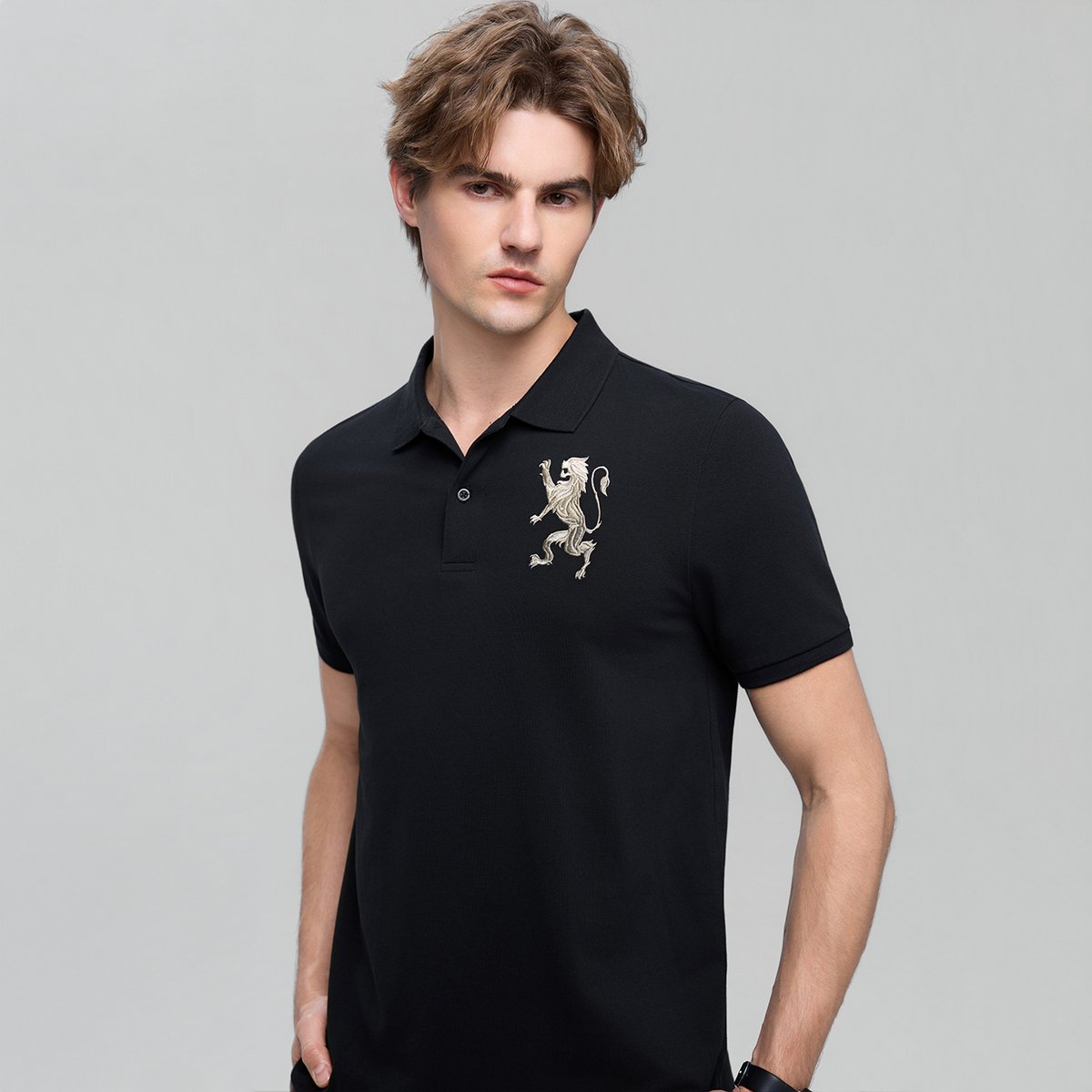 Men’s Slim Fit 3D Lion Embroidery Lycra Pique Polo - Giordano Online