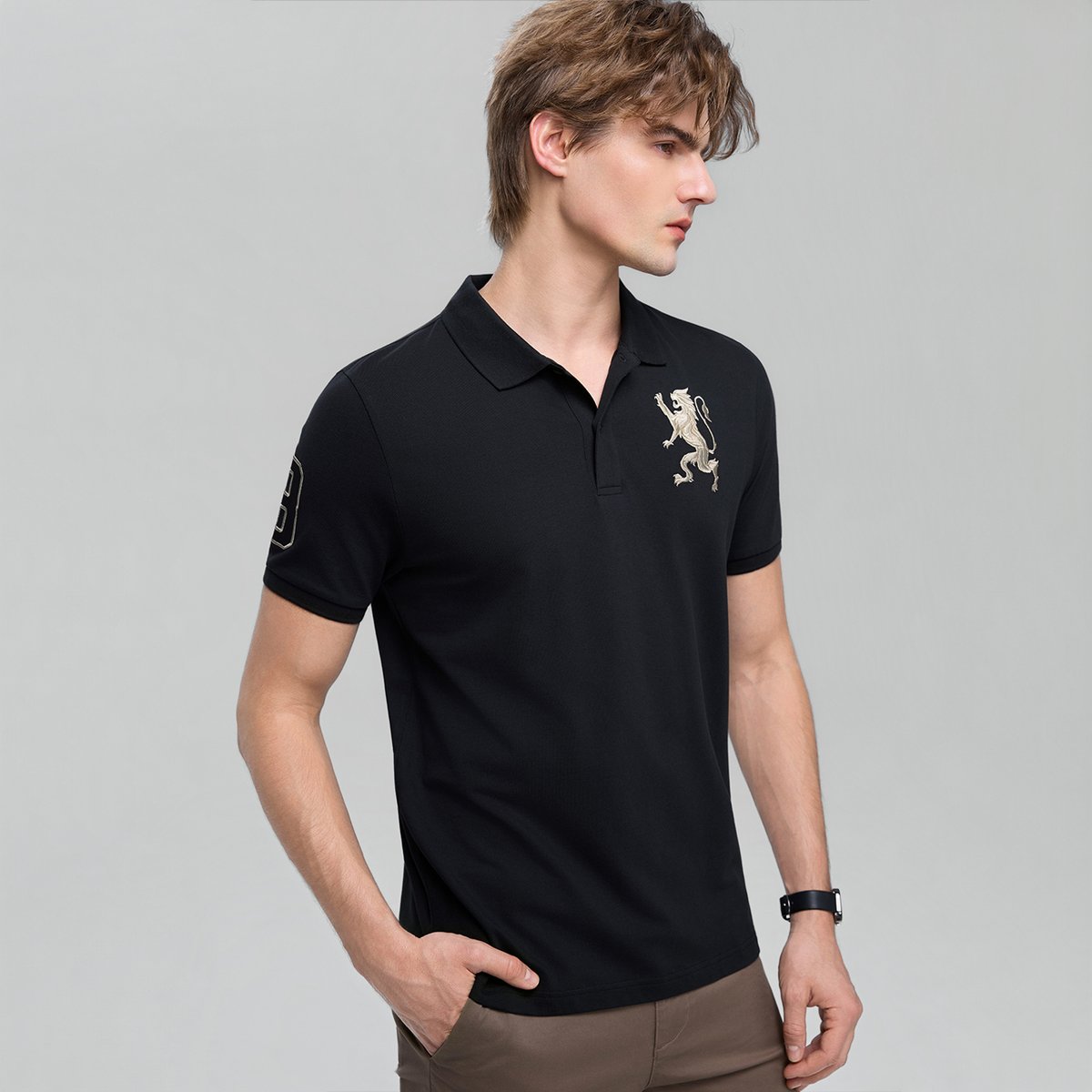 Men’s Slim Fit 3D Lion Embroidery Lycra Pique Polo - Giordano Online