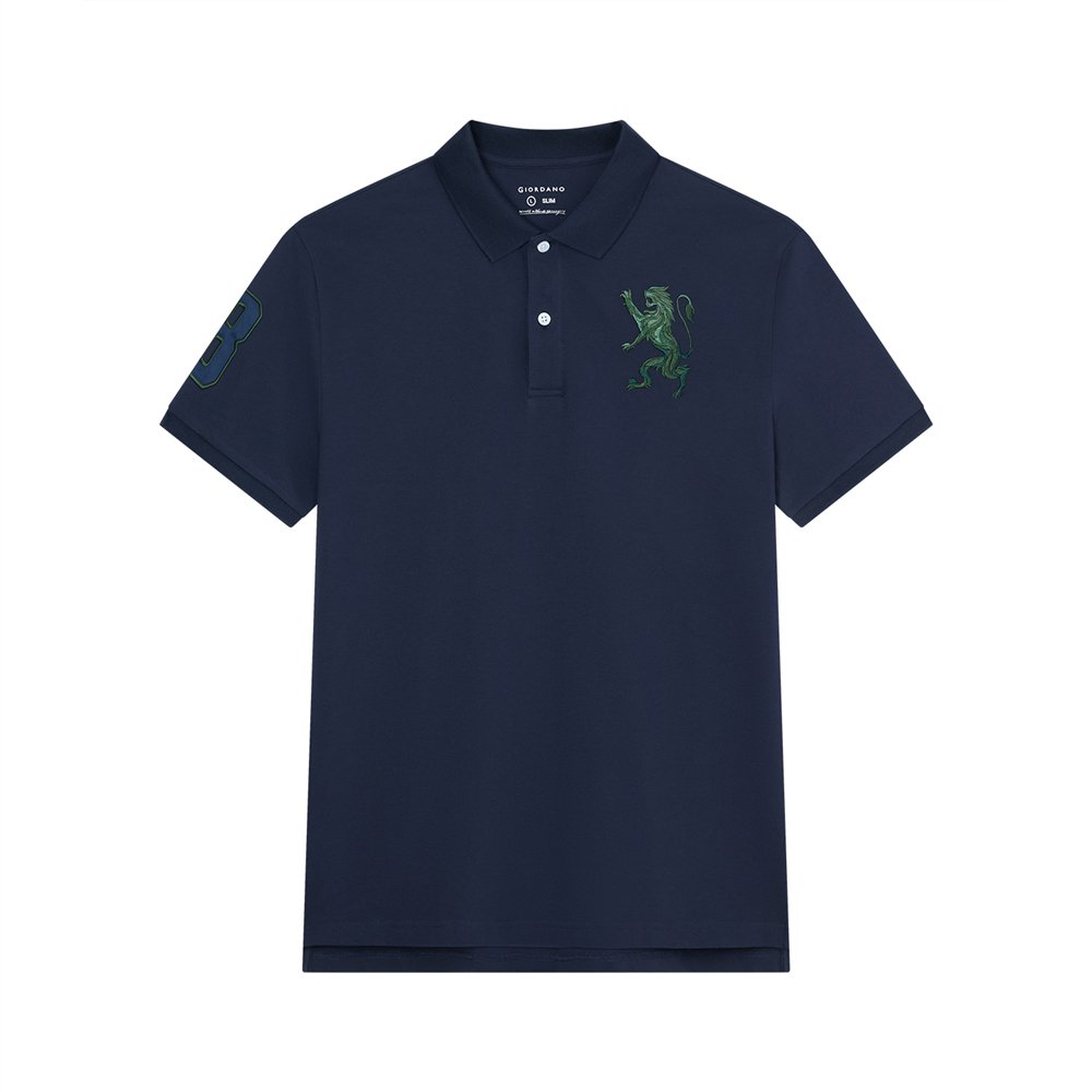 Men’s Slim Fit 3D Lion Embroidery Lycra Pique Polo - Giordano Online